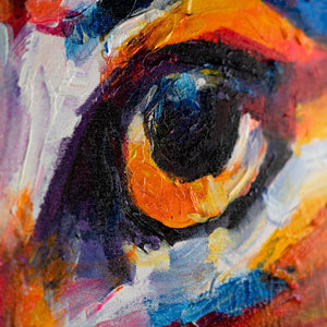 Detail in Orange und Violett auf Katzenmotiv