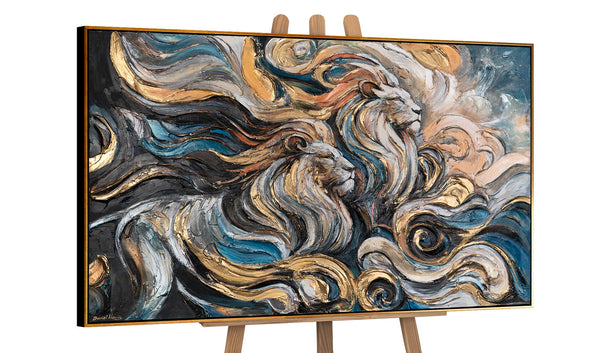 Abstrakter Löwe auf Leinwand – Schwarz-Gold Bild Staffelei