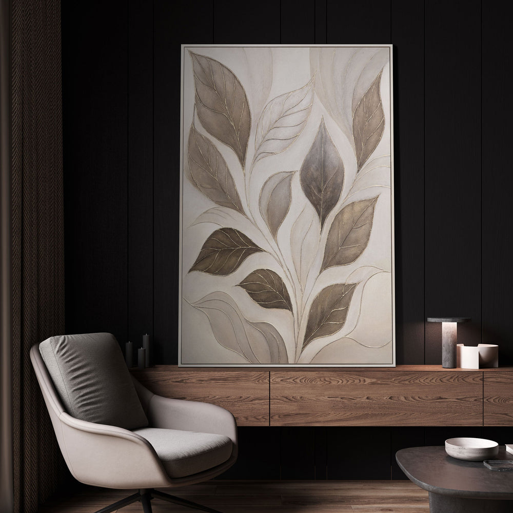 Handgemalte Wandkunst Blattmotiv beige grau
