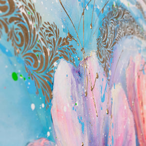 Pastellfarben Blau Rosa abstrakte Blumenmalerei Detail