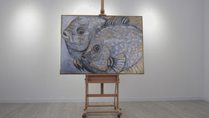 Acryl Kunstwerk Fisch Gold Grau Handgemalt Relief