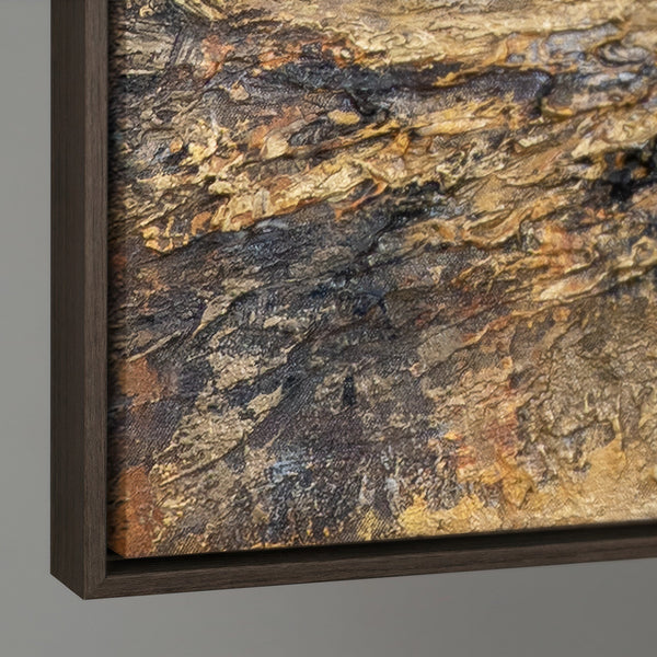 Handgemaltes abstraktes Acrylbild „Goldener Strom" – Gold & Bronze Reliefstruktur, 50x70 cm Hochformat mit grauem Rahmen