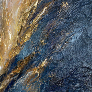 Handgemaltes Wandbild „Silberne Tiefe" – abstrakte Komposition in Blau, Violett und Gold, 50x70 cm 
