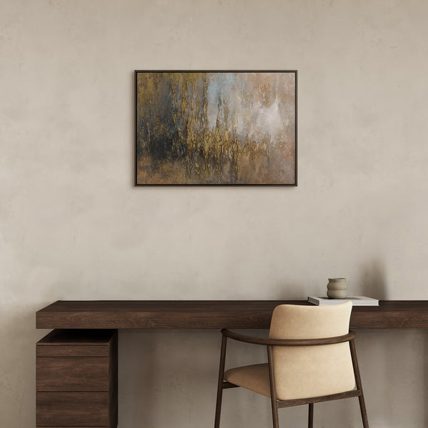 Abstraktes Querformat Gemälde „Kristallwasser" im modernen Wohnzimmer – goldene Wanddeko in Anthrazit und Beige