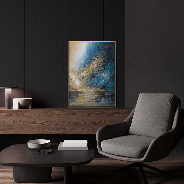 Dramatische Wandkunst im modernen Interieur – Original Blau Gold Gemälde kaufen bei YS-Art