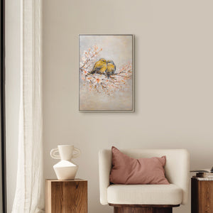 Gemälde Vögel auf Kirschblüte handgemalt – Wandbild in Gold, Rosa und Beige 50x70 cm von YS-Art