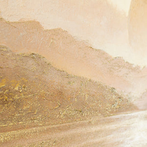 Goldene Seenlandschaft mit großer Sonne – vollständig monochrome Handmalerei in Beige und Gold