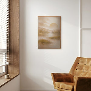 Goldenes Seengemälde im modernen Boho Interieur – Original warmes Landschaftsbild kaufen bei YS-Art
