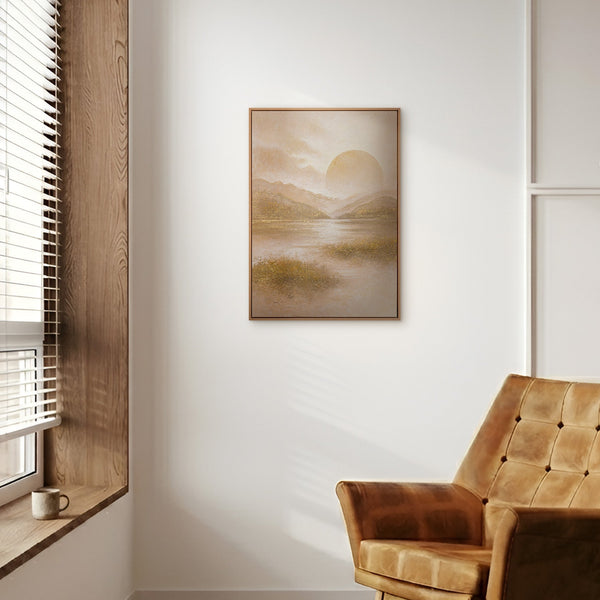 Goldenes Seengemälde im modernen Boho Interieur – Original warmes Landschaftsbild kaufen bei YS-Art