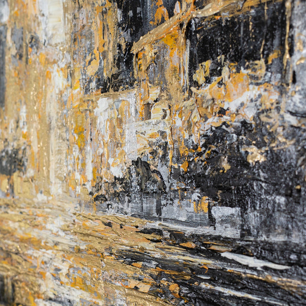 Goldene Hochhäuser auf schwarzem Grund – urbane Reliefstruktur in Gold, Grau und Anthrazit
