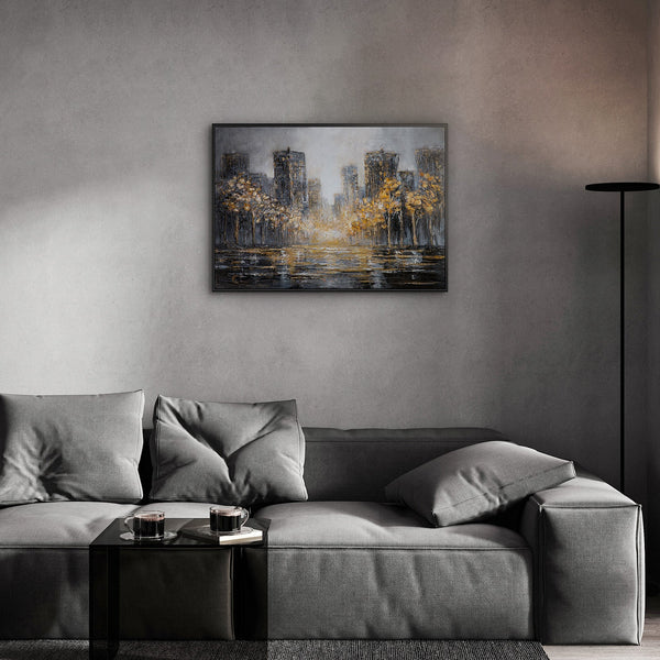Goldenes Panorama Stadtbild im modernen Wohnzimmer – Original Stadtgemälde kaufen bei YS-Art