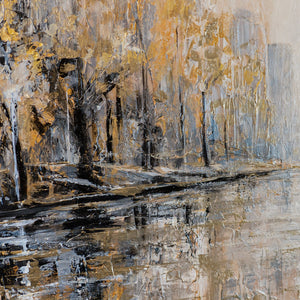 Goldene Herbstbäume spiegeln sich in dunklem Wasser – handgemaltes Stadtpark Panorama 
