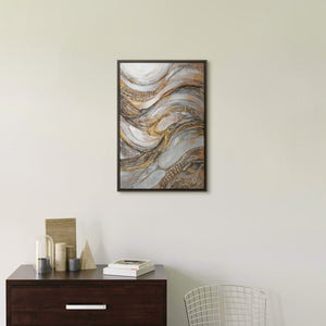Abstraktes Marmorbild „Marmorfluss" im modernen Wohnzimmer – elegante Wanddeko in Gold und Grau