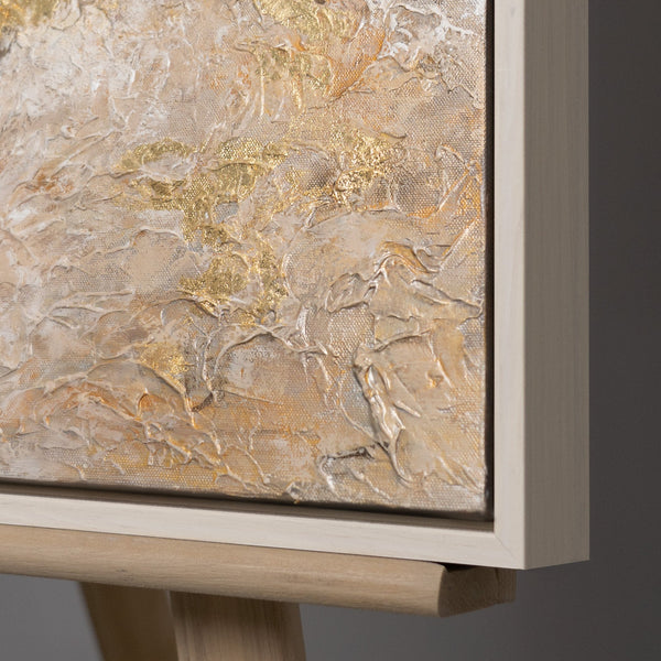 Handgemaltes abstraktes Gemälde „Goldene Wolken" – Gold & Beige, 50x70 cm mit beigem Rahmen