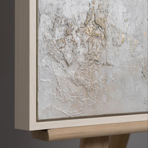 Handgemaltes abstraktes Gemälde „Lichtspalte" – Gold & Weiß, 50x70 cm mit beigem Rahmen