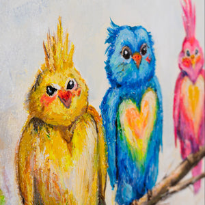 Buntes Vogelbild 50x70 cm – fröhliche Eulenrunde als leuchtender Blickfang für Wohnzimmer und Kinderzimmer