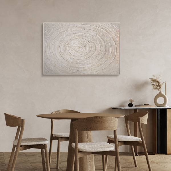 Wanddeko Minimalistisch – Texturiertes Acrylbild in Beige mit Rahmen „Echos der Zeit“