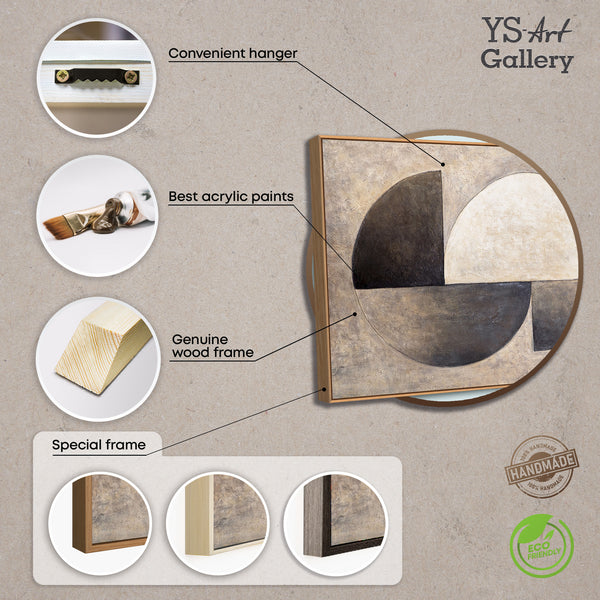 Handgemalte Gemälde mit Rahmen – Moderne Wanddeko Beige „Duett der Halbkreise“