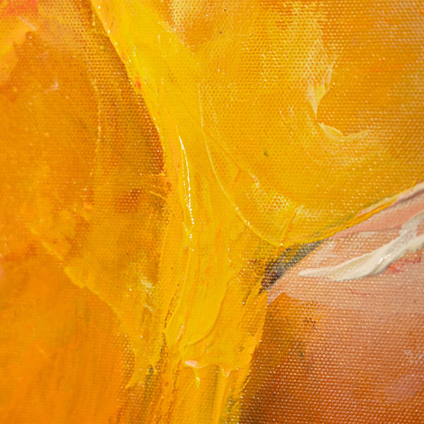Abstraktes Leinwandbild „Herbsttanz" – Nahaufnahme der expressiven Pinselstruktur in Orange und Rot