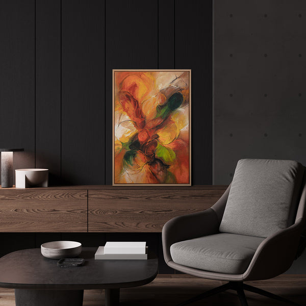 Abstraktes Herbstbild „Herbsttanz" im modernen Wohnzimmer – warme Wanddeko in Orange und Rot 
