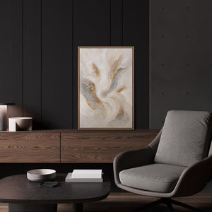 Luxuriöses Strömungsbild „Strahlende Ströme" im modernen Wohnzimmer – helle Wanddeko in Creme und Gold