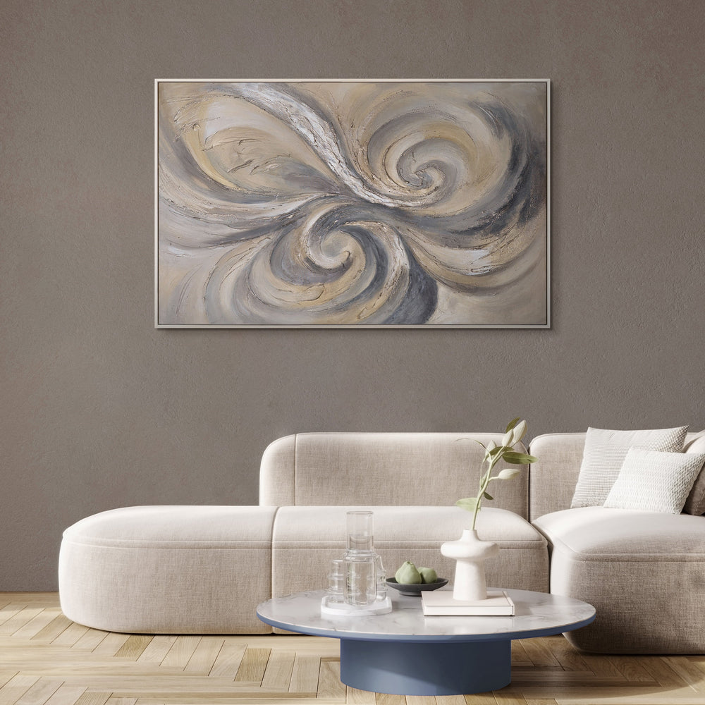 Abstraktes Leinwandbild mit elegantem Wirbelmuster in Beige