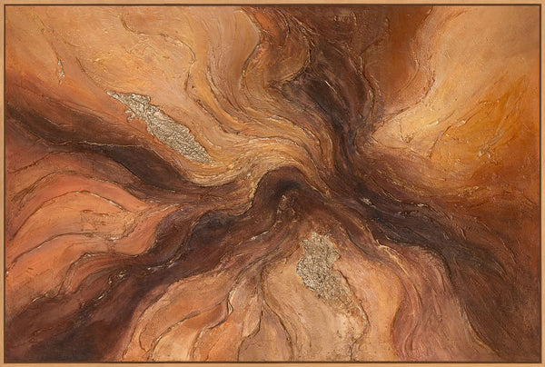 Abstraktes Leinwandbild mit kraftvollem Wirbelmuster in Braun- und Kupfertönen