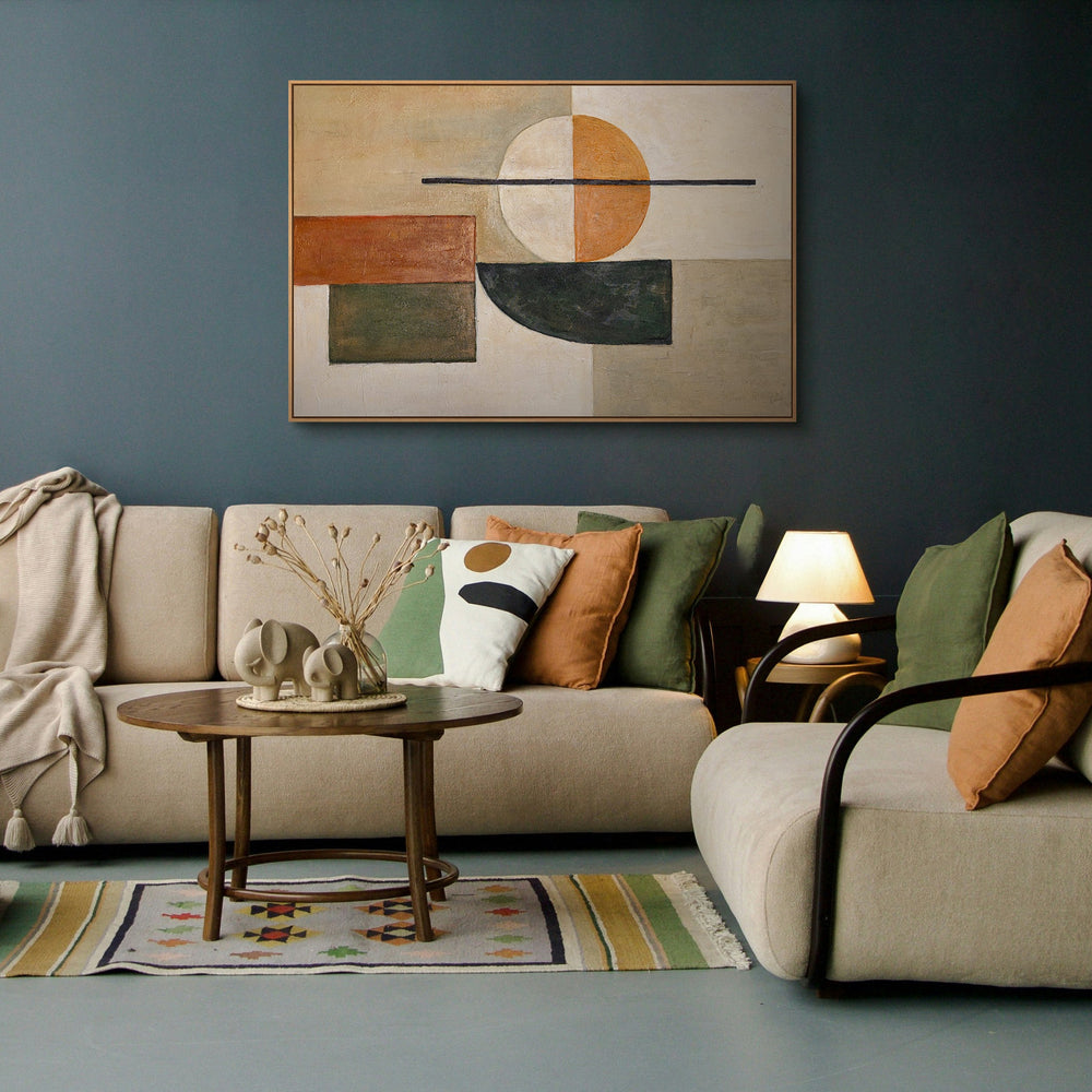 Geometrische Wandkunst auf Leinwand „Gleichgewicht“ in Naturfarben mit Rahmen