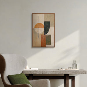 Geometrisches Gemälde „Gleichgewicht" im modernen Wohnzimmer – Bauhaus-Wanddeko in Erdtönen