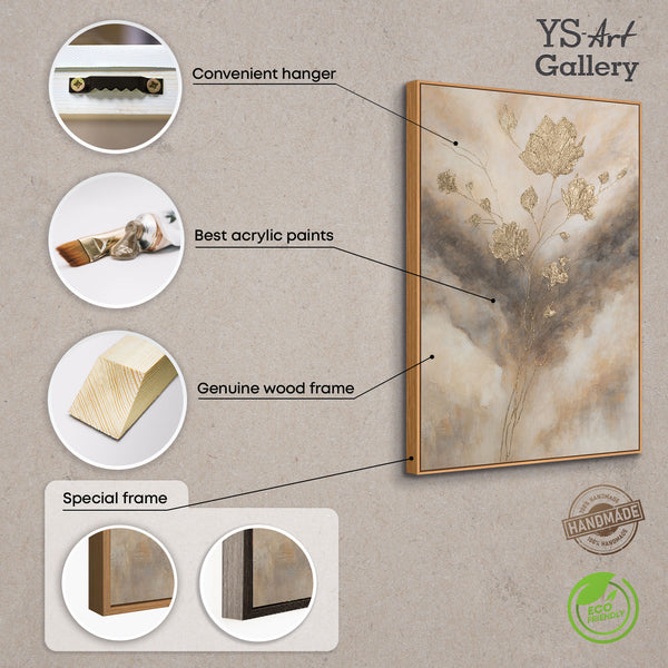 Leinwandbild mit Rahmen „Leuchten in den Wolken“ – Abstrakte Blumen in Goldtönen