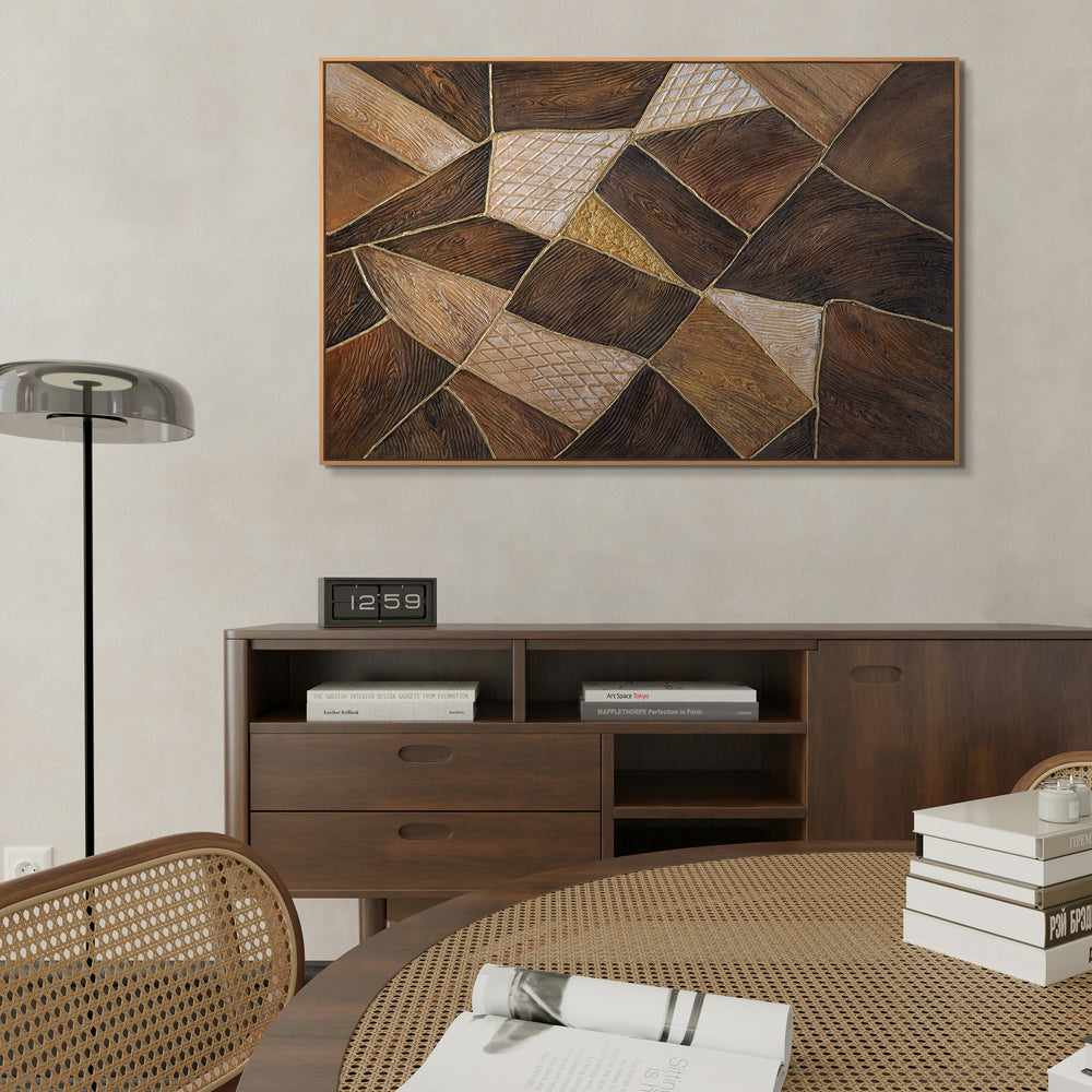 Geometrisches abstraktes Leinwandbild in Holzoptik mit Brauntönen