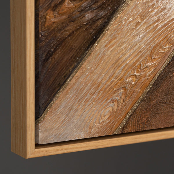 Seitliche Ansicht eines Leinwandbildes mit Holzoptik, stabiler Holzrahmen