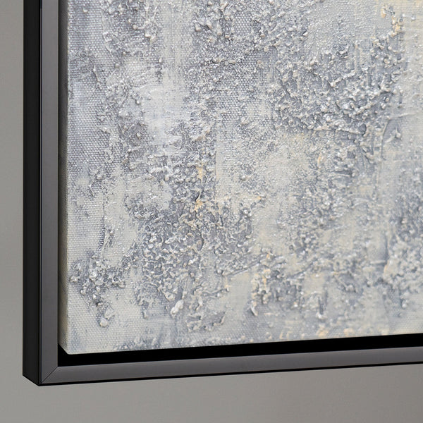 Handgemalte Acrylmalerei mit Rahmen „Atem des Winters“ – Abstrakte Kunst in Schwarz-Weiß