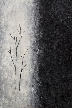 Handgemalte Acrylmalerei mit Rahmen „Atem des Winters“ – Abstrakte Kunst in Schwarz-Weiß