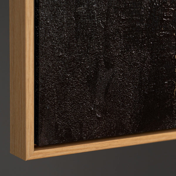 Seitliche Ansicht eines abstrakten Leinwandbildes, stabiler Holzrahmen