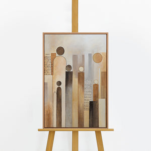 Handgemaltes Figurenbild „Stadt der Figuren" auf Staffelei – abstrakte Silhouetten in Beige & Braun, Rahmen