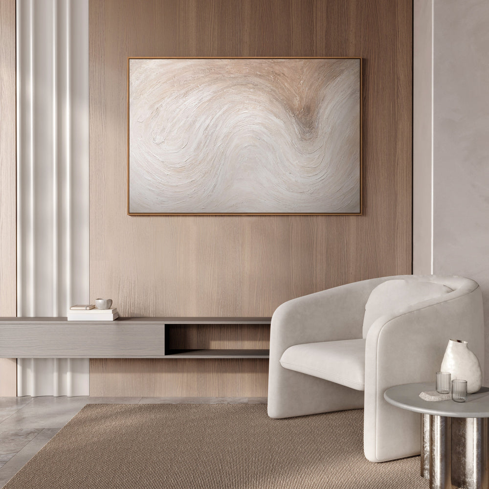 Abstraktes Leinwandbild in hellem Beige mit Struktur, modernes Wandbild im Wohnzimmer