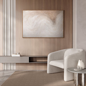 Abstraktes Leinwandbild „Lichtstrom“ in hellen Naturtönen im Rahmen