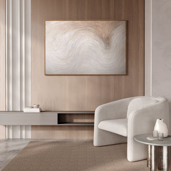 Abstraktes Leinwandbild „Lichtstrom“ in hellen Naturtönen im Rahmen