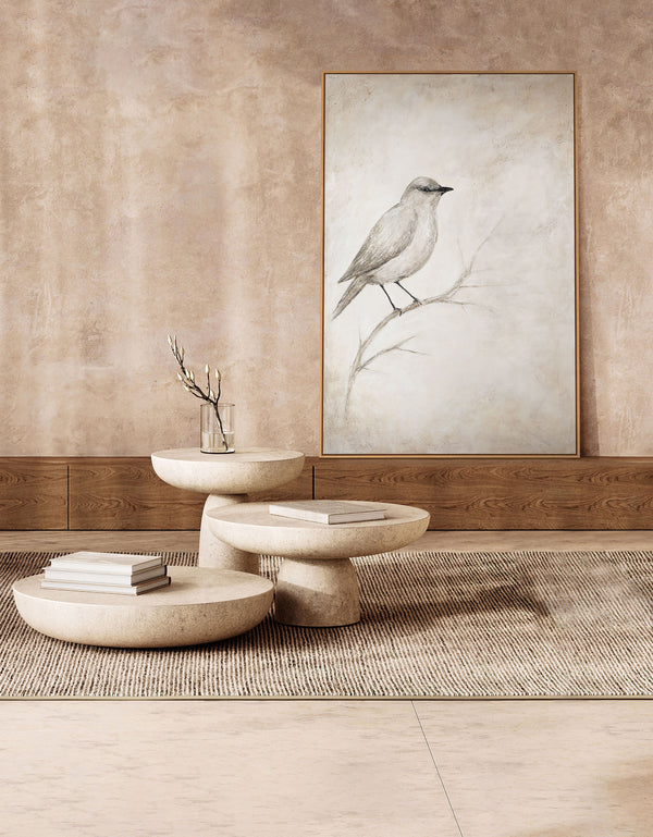 Gemälde mit Rahmen „Singende Pause“ – Acrylkunst mit Vogelmotiv