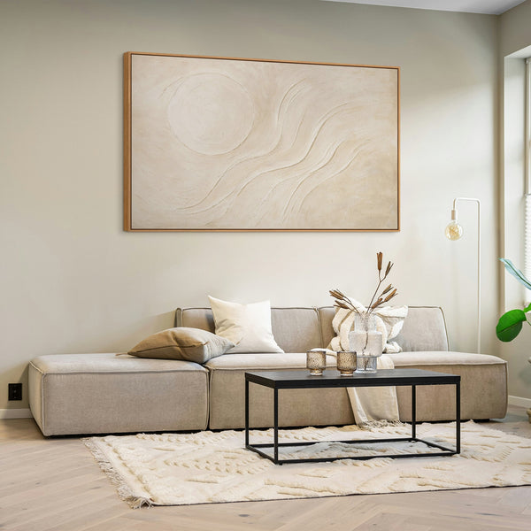 Abstraktes Leinwandbild „Sandige Sonne“ in warmen Beigetönen - moderne Gemälde mit Rahmen