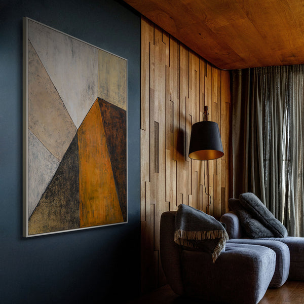 Abstrakte Kunst auf Leinwand mit Rahmen „Begegnung der Ebenen“ - Acrylmalerei in Erdtönen
