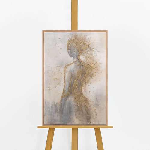 Handgemaltes Figurenbild „Goldene Aura" auf Staffelei – goldene Frauensilhouette auf Grau & Creme, Rahmen