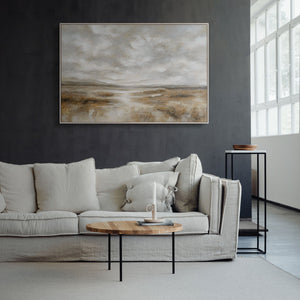 Leinwandbild mit Rahmen „Atem der Steppe“ – Handgemalte Landschaft in Naturtönen