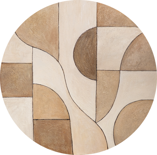 Runde Acrylbild „Ornamente der Zeit“ – Abstrakte Strukturkunst in Erdtönen