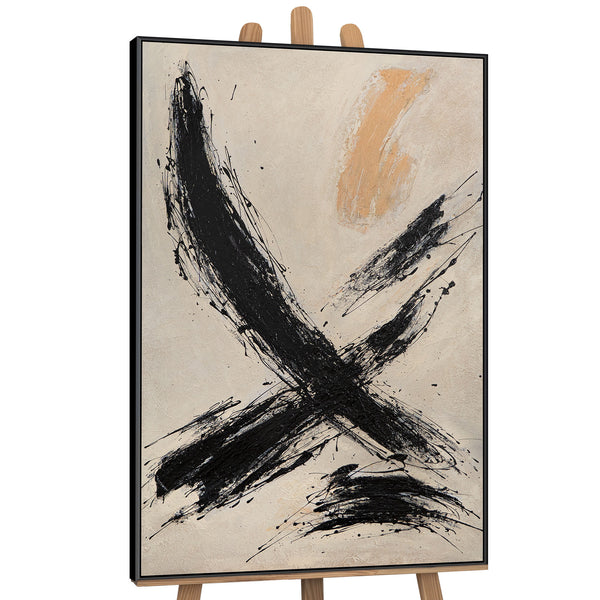 Leinwandbild mit Rahmen „Kraft des Pinselstrichs“ – Handgemalte abstrakte Kunst in Schwarz-Beige