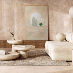 Moderne abstrakte Wandkunst in einem minimalistischen Wohnzimmer