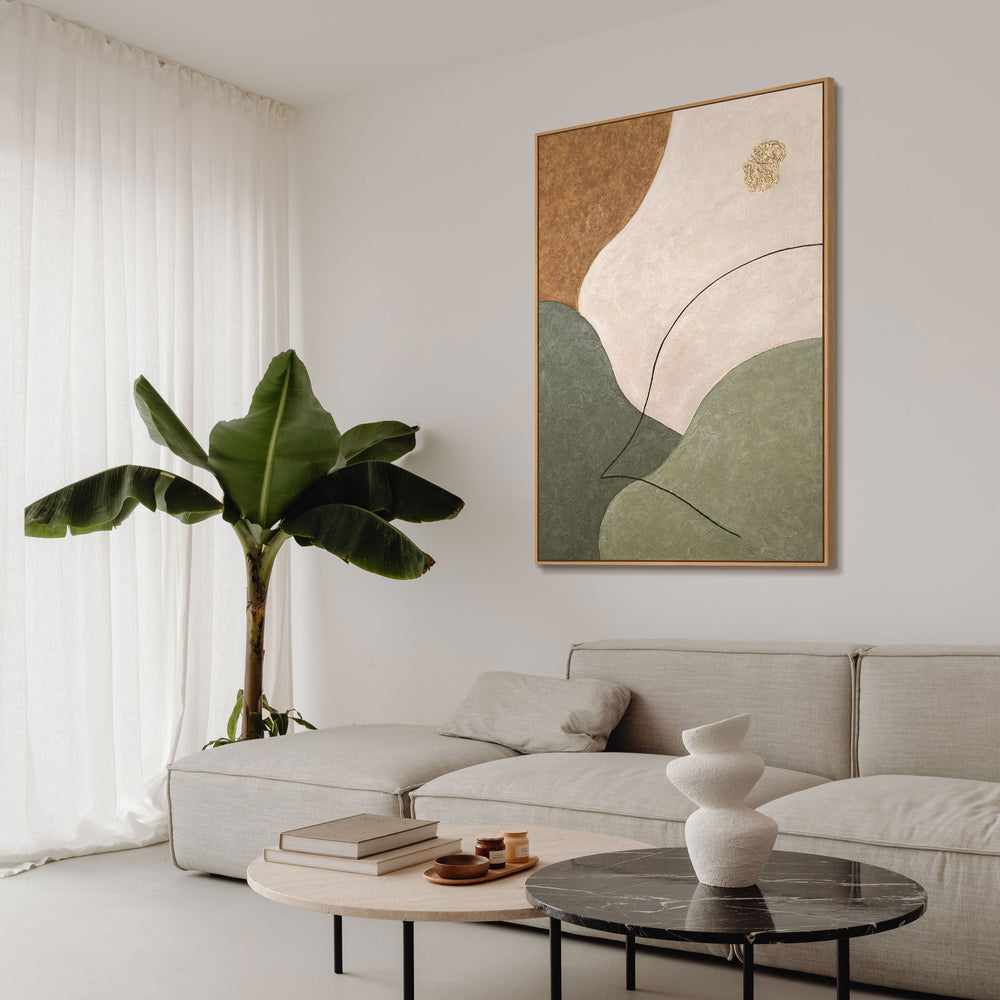 Abstraktes Wandbild mit Struktur in Beige, Grün & Gold – Modernes Acrylgemälde auf Leinwand