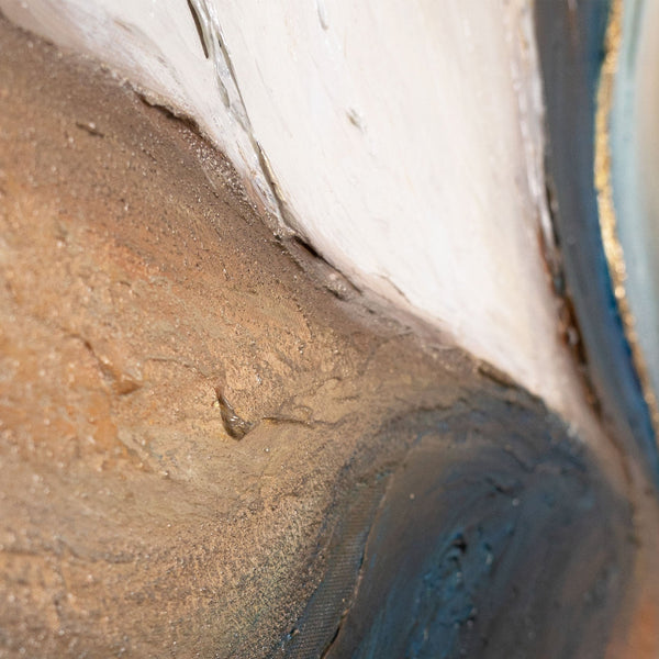 Abstraktes Leinwandbild mit mineralischer Struktur in Braun, Beige und Blau