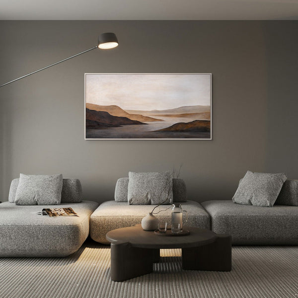 Acrylbild auf Leinwand „Sanfter Sonnenaufgang“ – Handgemalte Landschaft in Beige & Braun